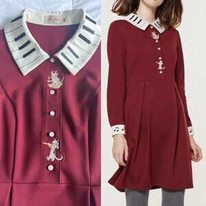 Miss Patina London Kitten Melody Dress – Burgundy, Piano Collar – M – Like New!